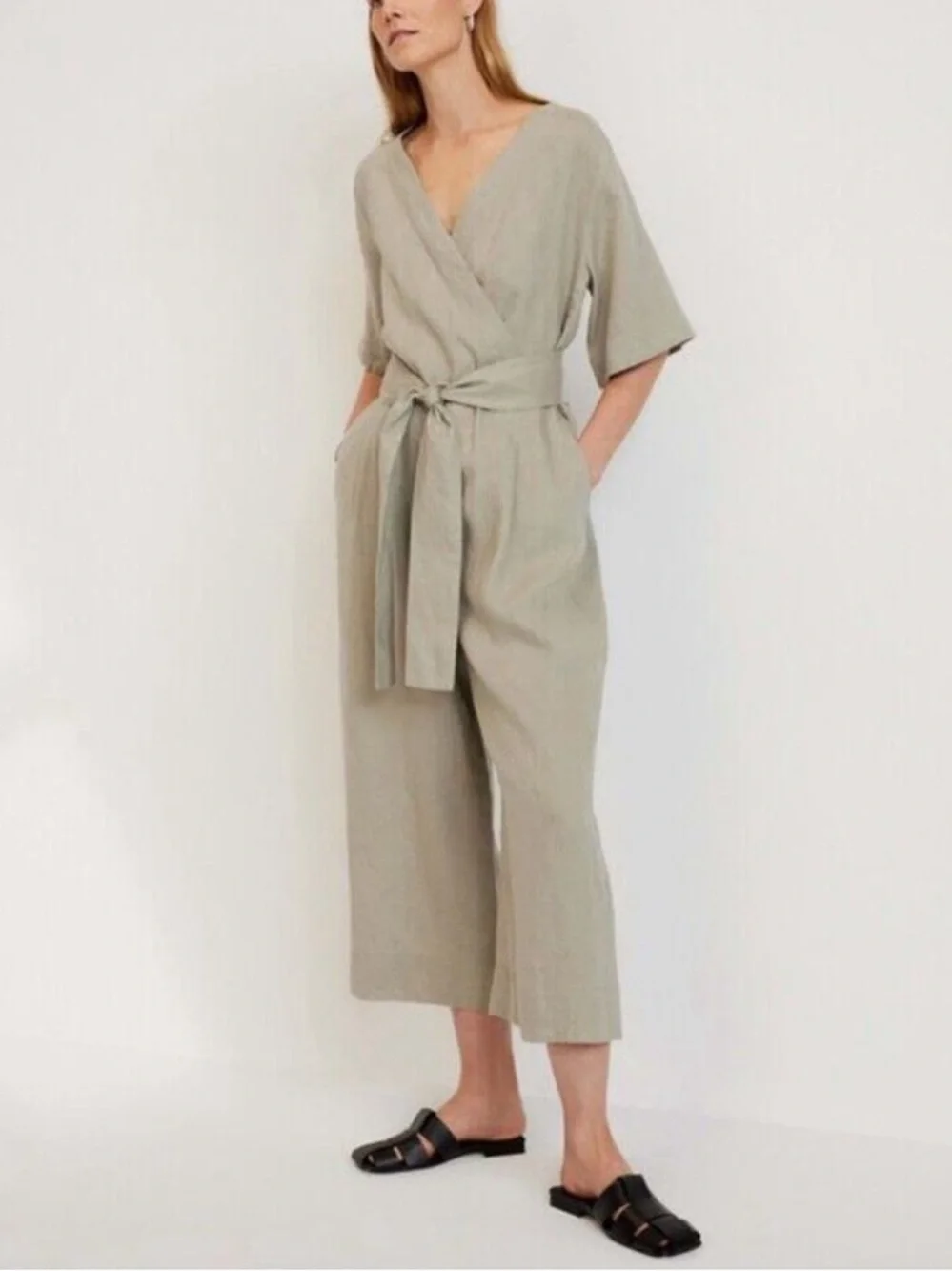 Everlane 100% European Flax Linen Wrap Jumpsuit Wide Leg Lagenlook Khaki Size 0